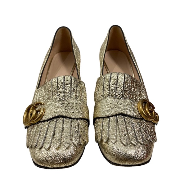 Gucci Marmont GG Logo Golden Fringe Block Mid Heel Kiltie Loafers Pumps - Picture 3 of 15